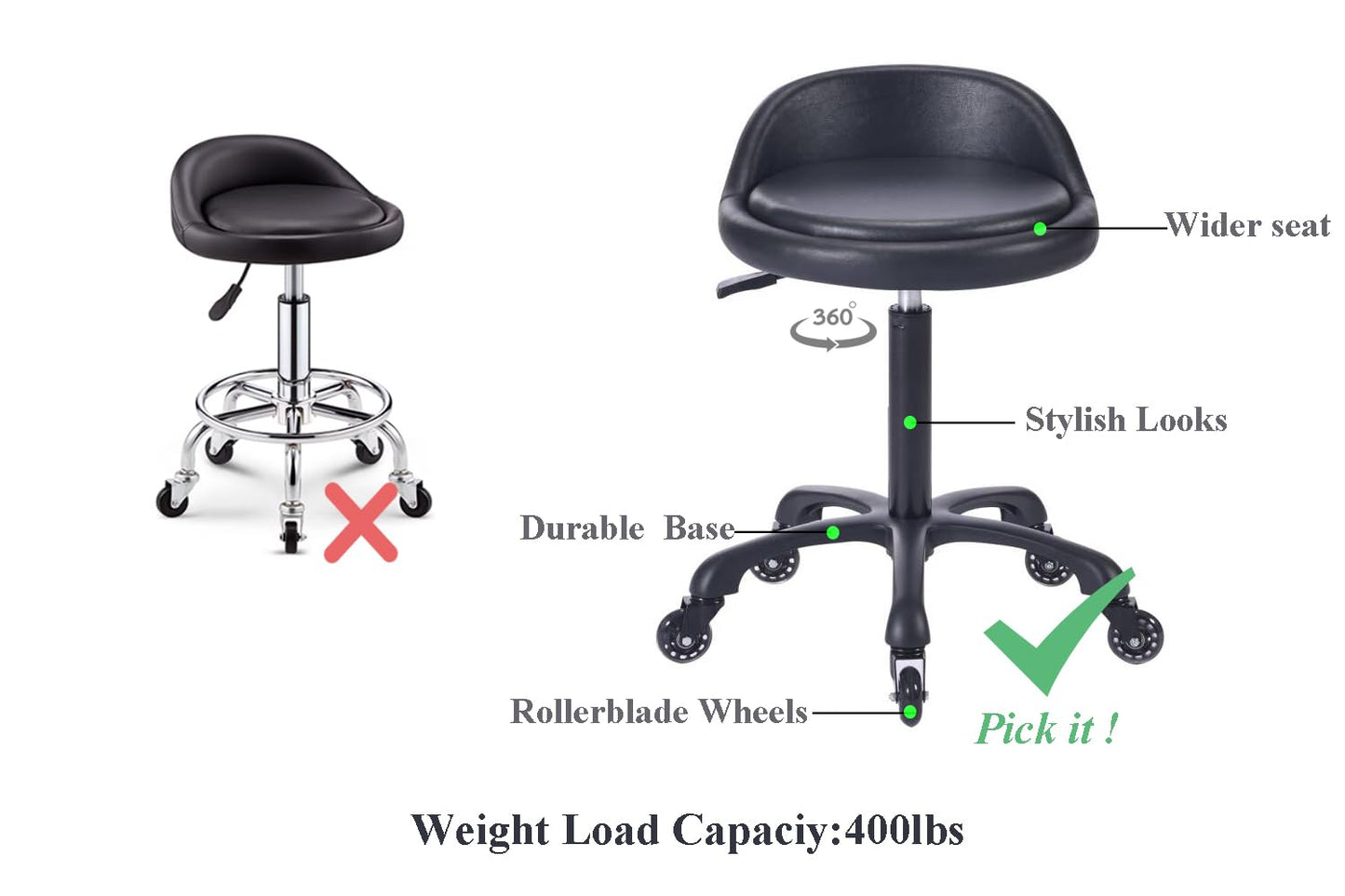 Rolling Salon Stool Chair with Back Support Hydaulic Height Adjustable on Swivel Wheels Heavy Duty for Hair Cutting Esthetician Tatto Beauty Spa Bar Lab Clinic Kitchen Office Home (Black)