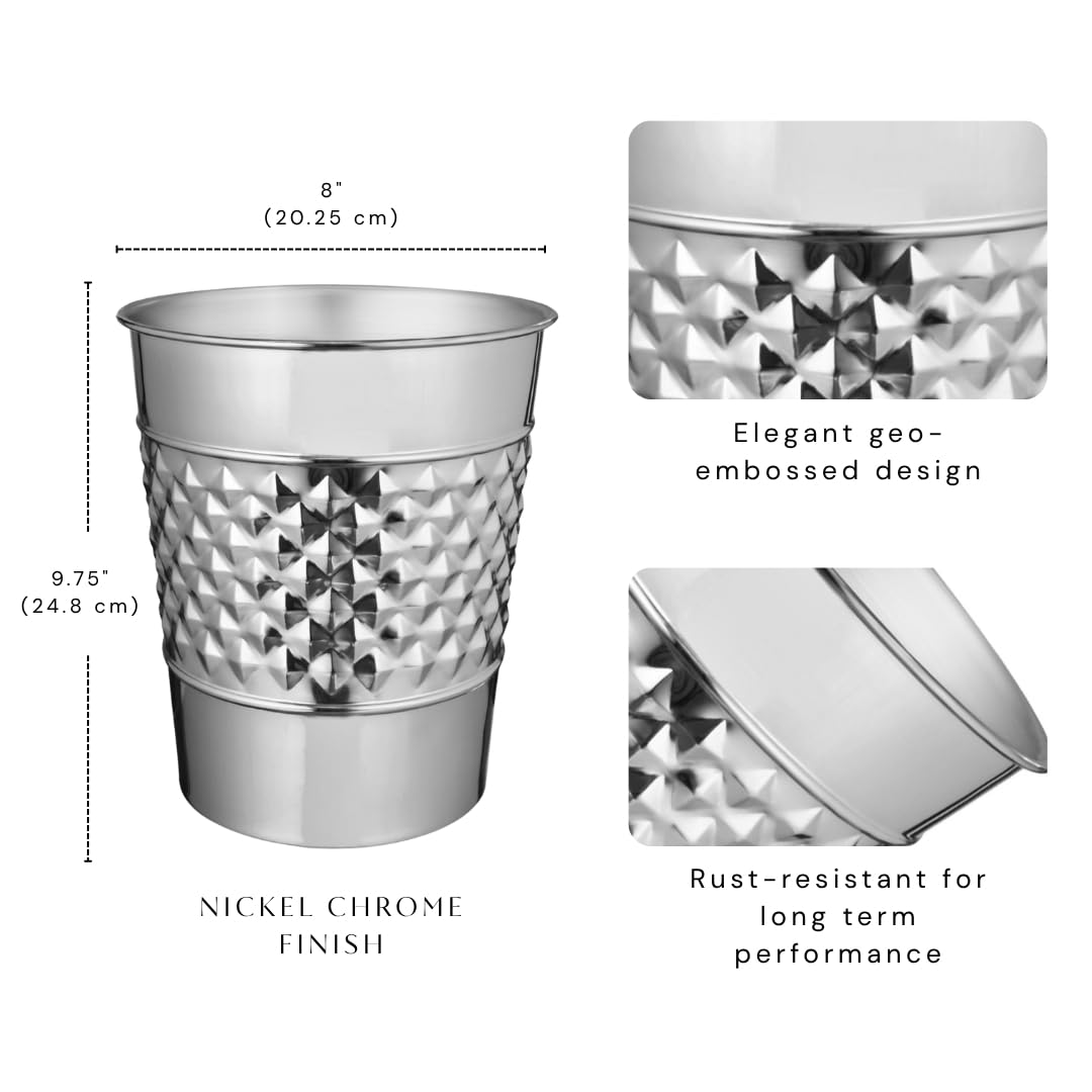 Monarch Abode Metal Bathroom Trash Can – Waste Basket for Bedroom, Office Desk, & Dorm, Handcrafted Geo Embossed, Durable Decorative Nickel Chrome Small Trash Can Bathroom Garbage Bin Wastebasket