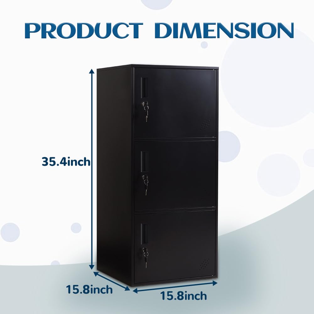 DAYTOYS 3 Door Metal Vertical Storage Locker for Kids Bedroom, Children Room, School, Office, Home,Stackable Steel Storage Cabinet for Toys, Sports Equipment,Anti-Falling Device. (3D, Black)