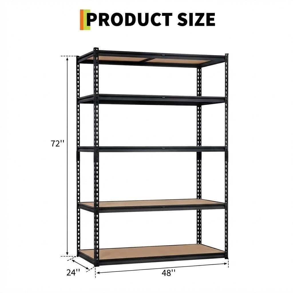 Heavy Duty 5-Tier Garage Storage Rack – Adjustable Metal Shelving Unit, 2500 lbs Capacity, 48"W x 24"D x 72"H, Boltless Steel Frame, MDF Boards – For Basement, Pantry, Laundry, Warehouse
