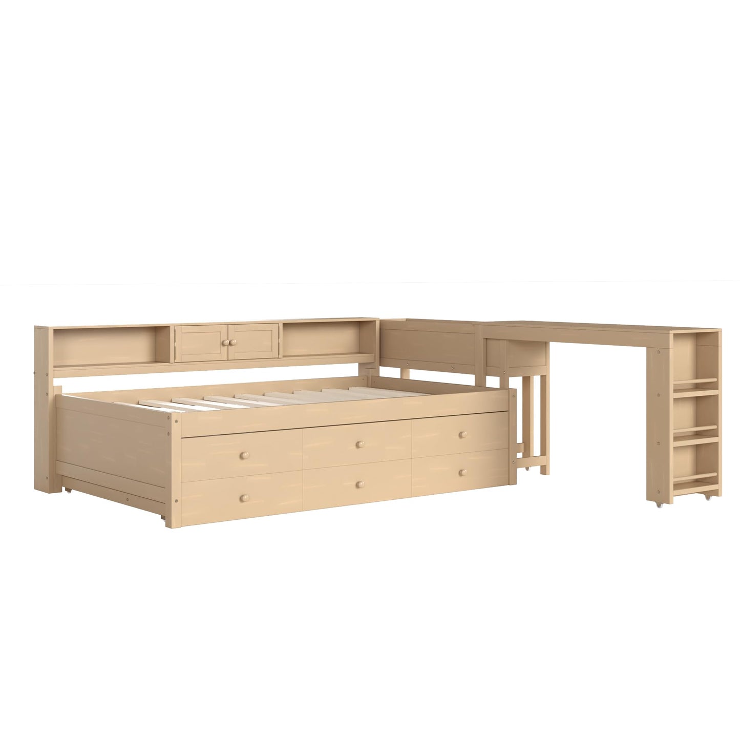 Daybed with Pull-out Desk and Trundle, Twin Size Wood Bed Frame with Multiple Storage Drawers, Open Shelves and Cabinets for Kids Adults Bedroom Furniture, Multifunctional L-Shaped Sofa Bed (Golden)