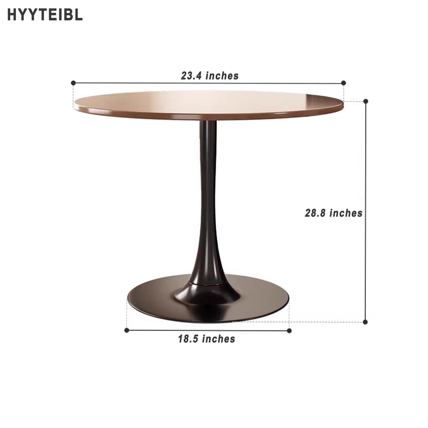 HYYTEIBL 23.4" Round Tulip Dining Table for 2-4 People with Walnut Top and Black Metal Pedestal Base, Mid-Century Modern Small Space Table for Kitchen, Living Room, Cafe