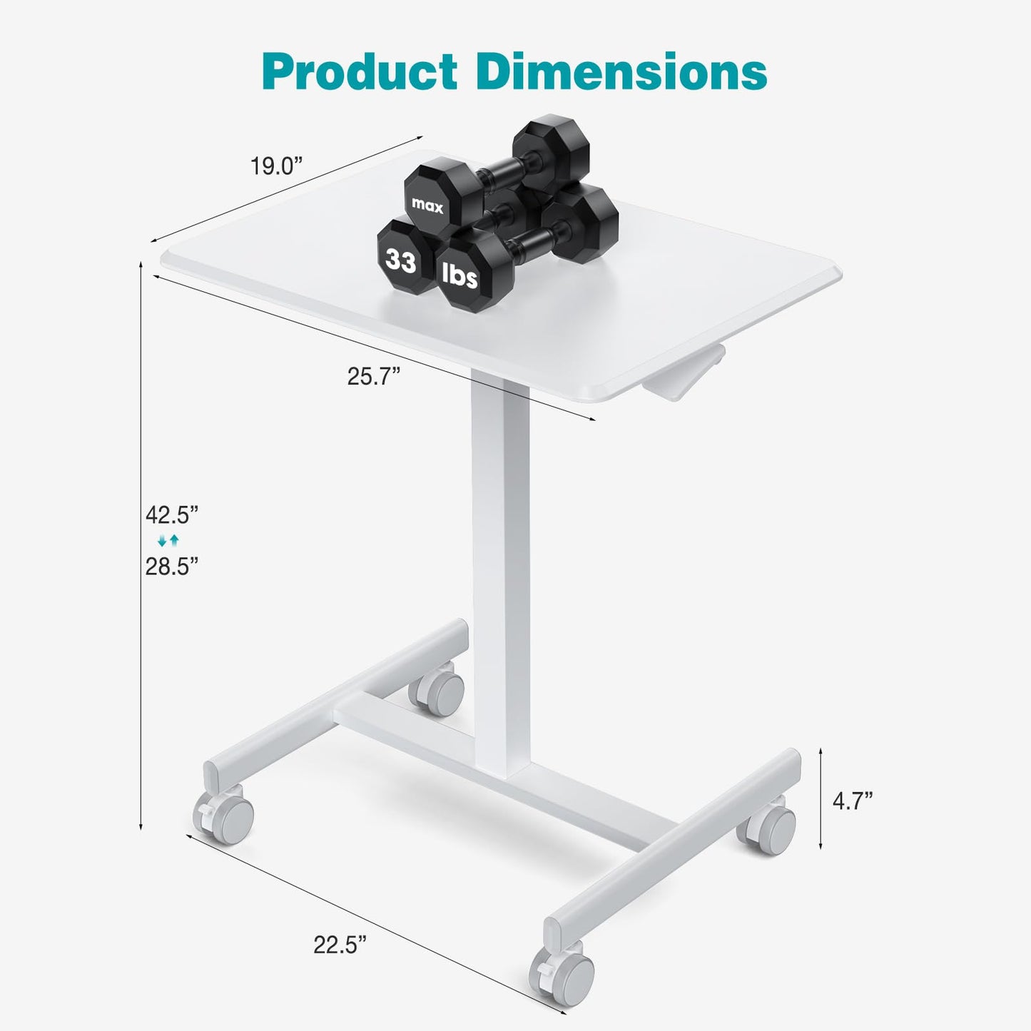 DUMOS Small Standing Desk Mobile Portable Rolling Laptop PC Table on Wheels Adjustable Height Computer Workstation for Home Office, Compact Small Space, Easy Assembly, 19 Inch, Modern White