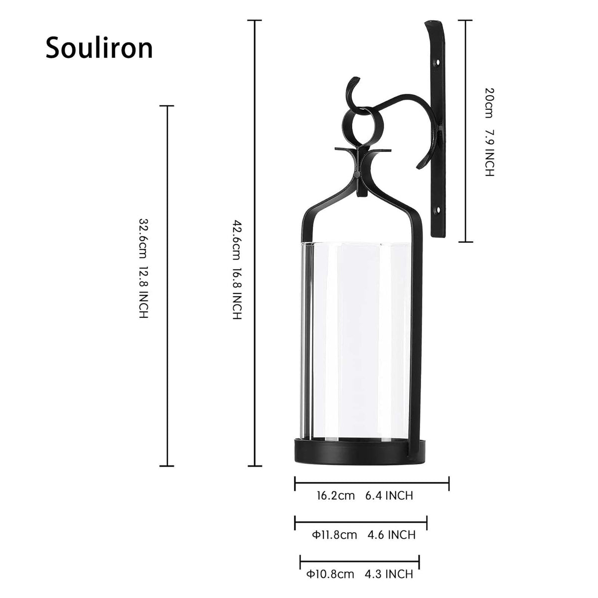 Souliron Hanging Hurricane Glass Wall Sconce Candle Holder Black Metal Wall Decorations Set of 2 HLJ15-291B2