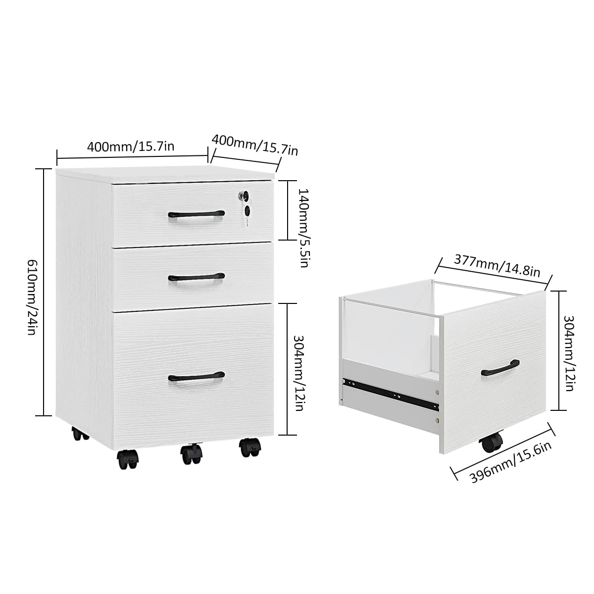 Panana 3 Drawer Wood Mobile File Cabinet, Under Desk Storage Drawers Small File Cabinet for Home Office (White)