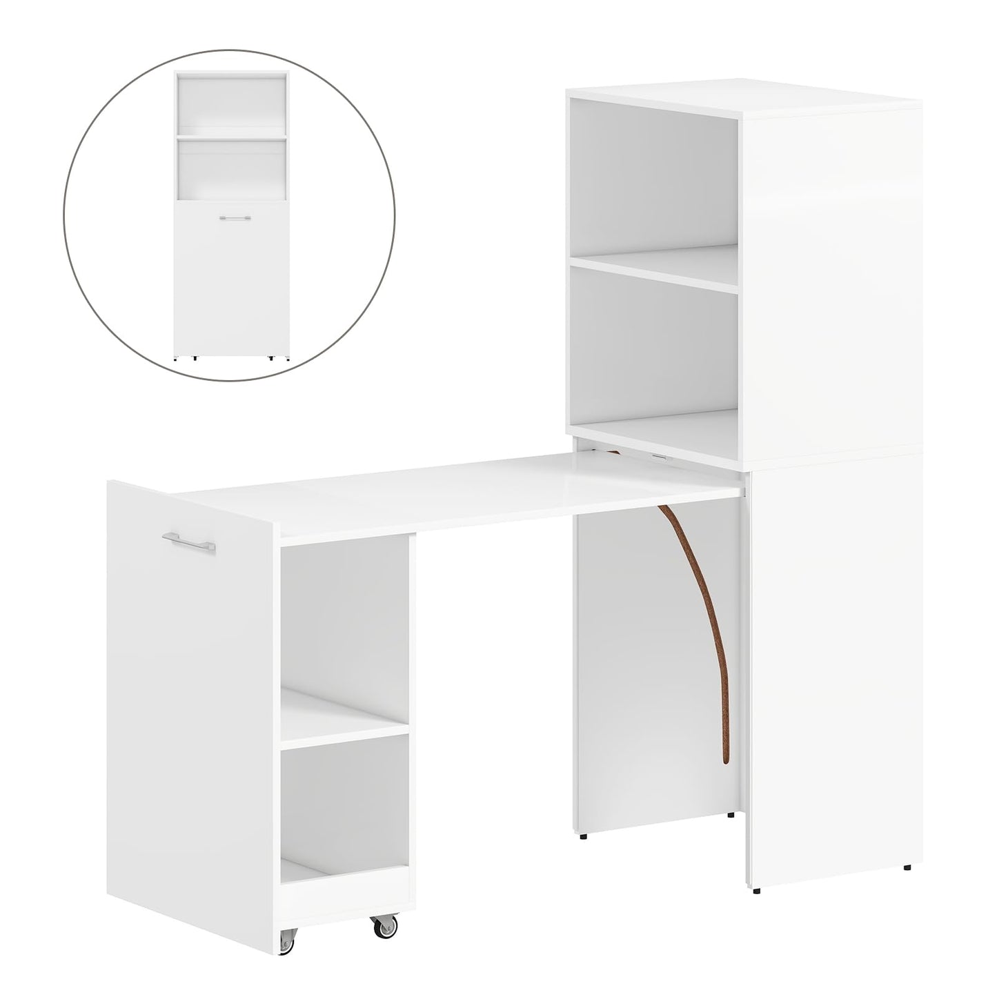 Zevemomo Folding Desk with Storage, Convertible Table with Shelves & Wheels, Craft Cabinet with Fold Out Table, Compact Computer Desk for Small Space, Reversible L Shaped Desk - White