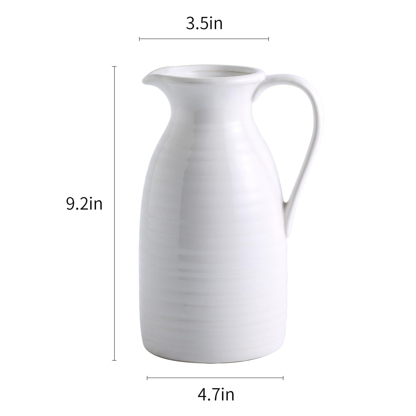 hjn Farmhouse Pitcher Vase for Flowers- Ceramic Pitcher White Flower Vase for Your Kitchen/Home Decor/Office/Living Room/Bookshelf/Mantel/-White
