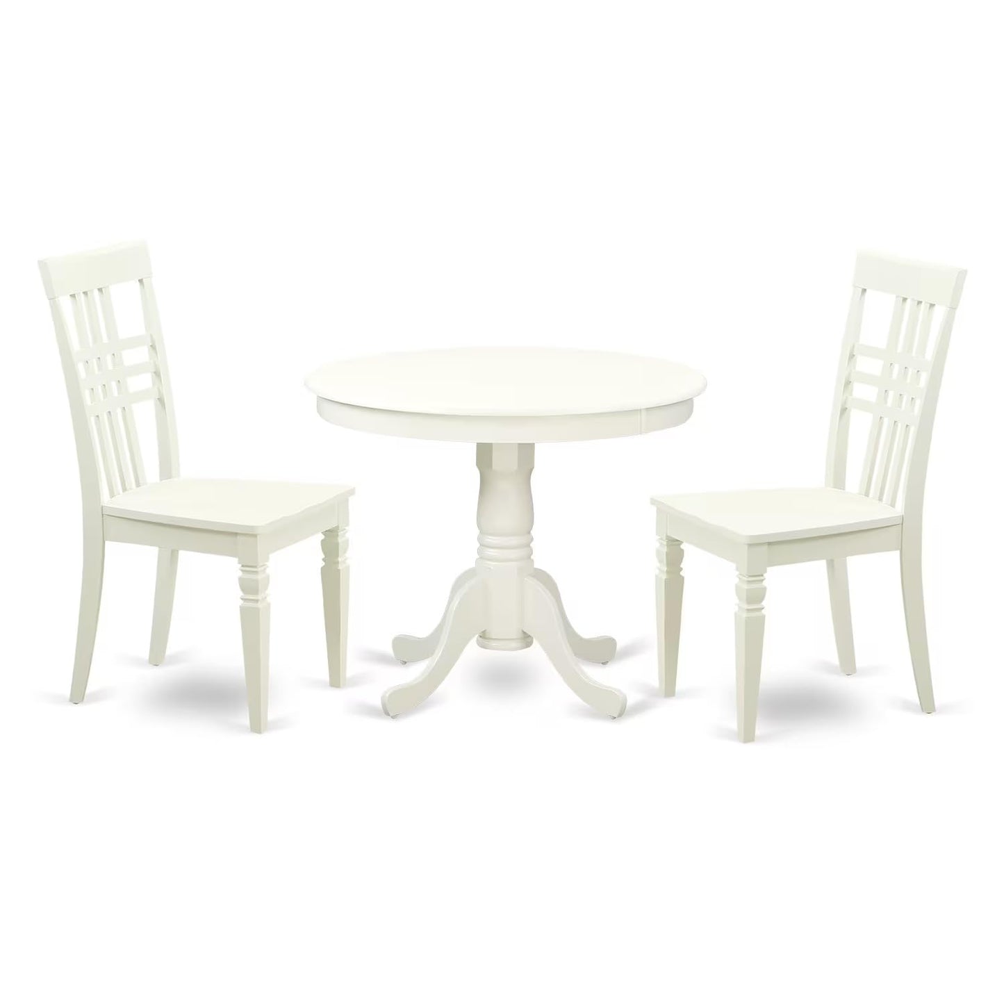 East West Furniture ANLG3-LWH-W 3 Piece Dining Table Set for Small Spaces Contains a Round Kitchen Table with Pedestal and 2 Dining Chairs, 36x36 Inch, Linen White