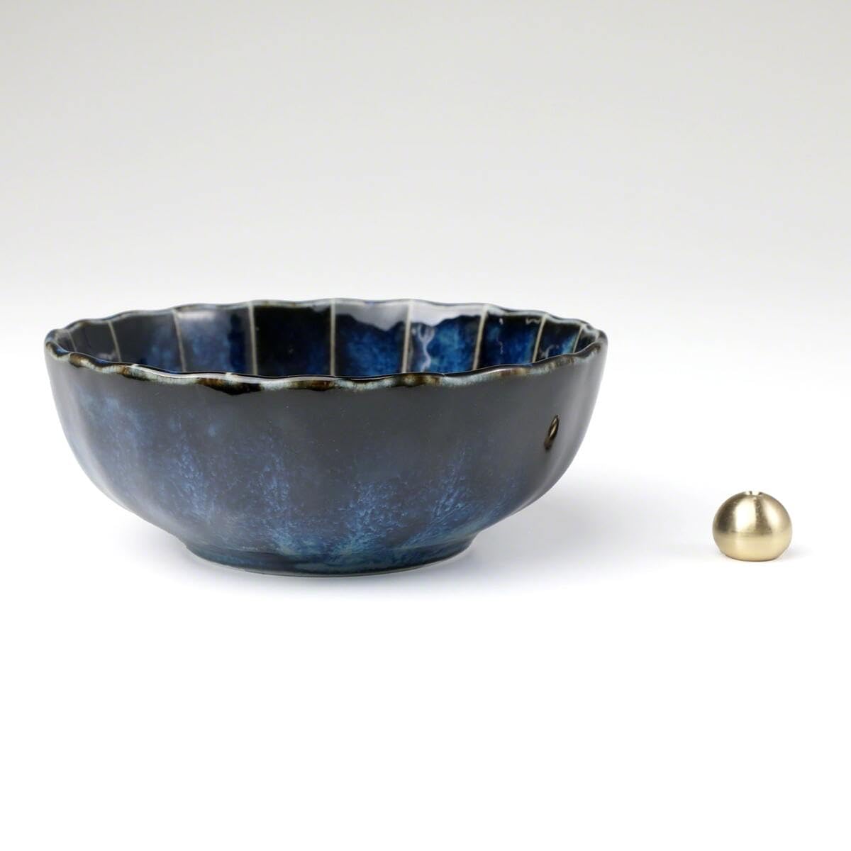 Asayu Japan Lotus Incense Holder for Sticks 4.1 inch (105 mm), Traditional Made in Japan Ceramic Ash Catcher and Brass Incense Burner Set - Navy Dark Blue Lotus