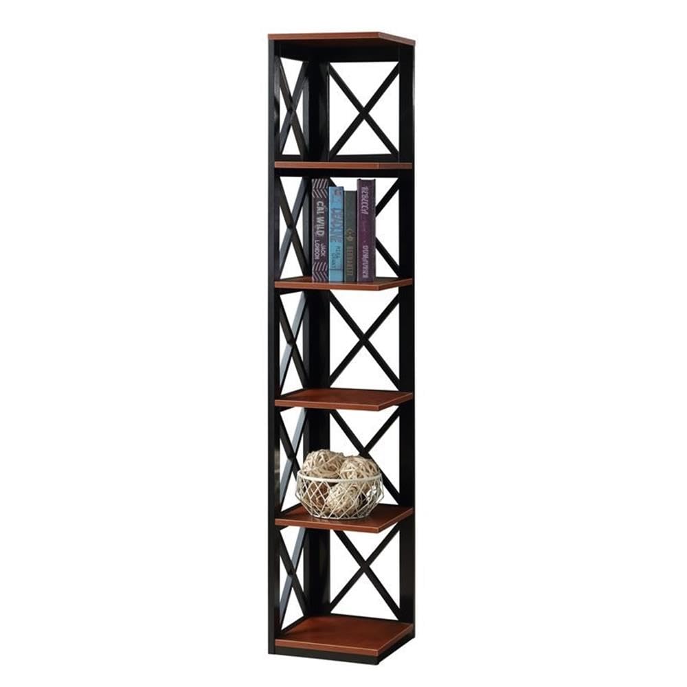 Convenience Concepts Oxford Corner Bookcase 12" - 5-Tier Slim Farmhouse Bookcase for Modern Living & Family Room, Media Storage Organizer for Home Office Library, Tall Shelving Unit, Cherry/Black