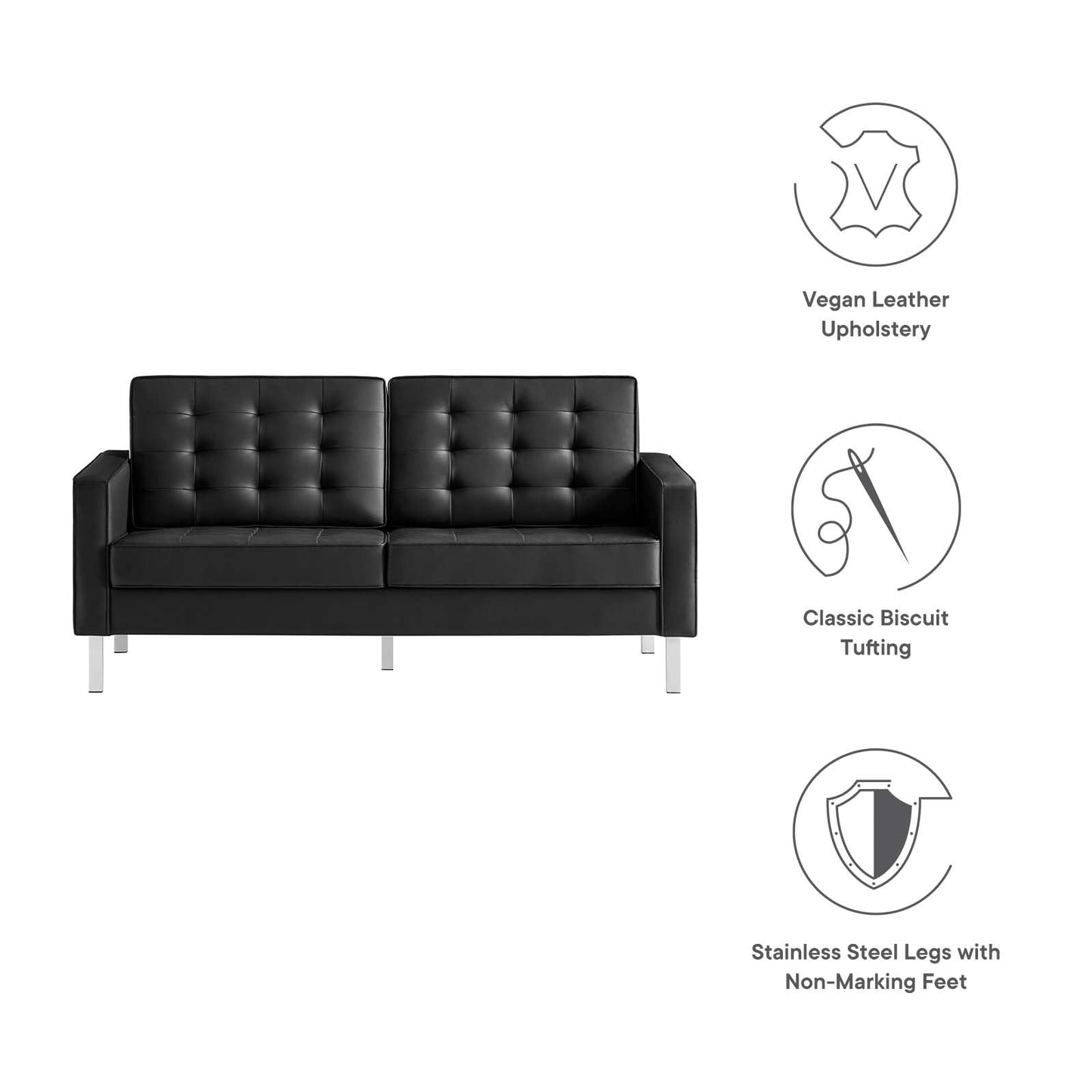 Modway Loft Tufted Button Faux Leather Upholstered Loveseat in Silver Black