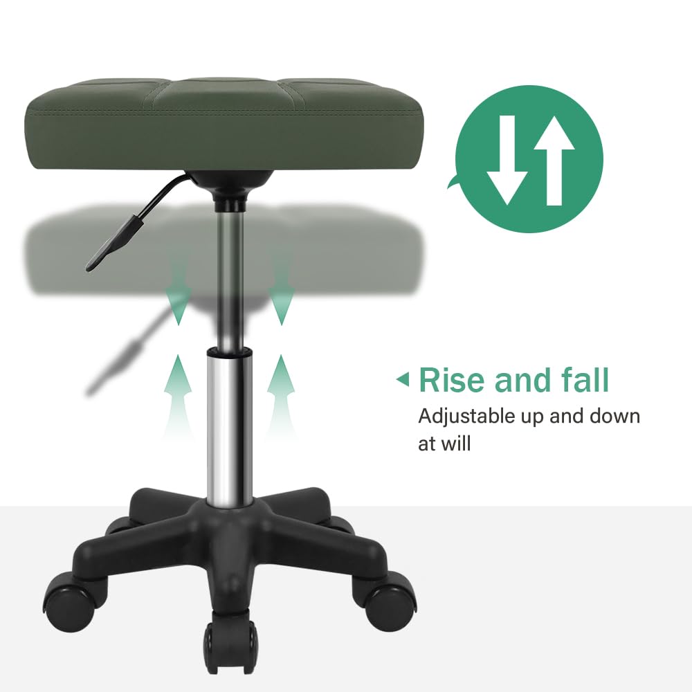 FURWOO Rectangle Rolling Stool with Wheels Height Adjustable Swivel Stool Chair for Spa Salon Massage Green