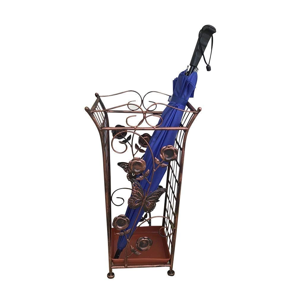 CHEWYNP Square Red Copper Floral Designed Metal Umbrella and Walking Stick Stand, Home Office Hallway Storage,Umbrella Stand