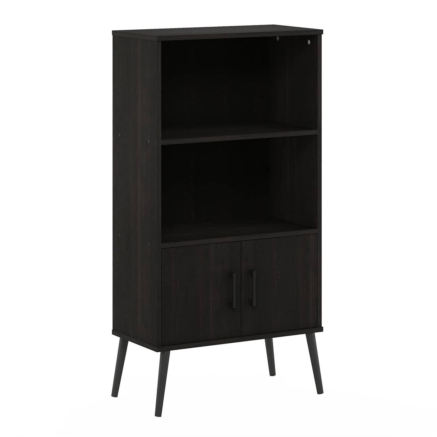 Furinno Claude Mid Century Style Accent Wooden Leg Bookcase Cabinet with Storage Organizer Shelves, Espresso