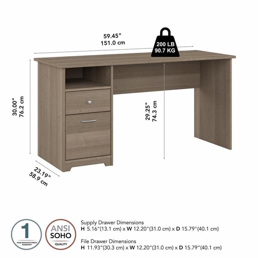 Bush Home Cabot 60W Computer Desk with Drawers in Ash Gray, Workstation and File Storage, Desktop with Organization Solutions for Home Office