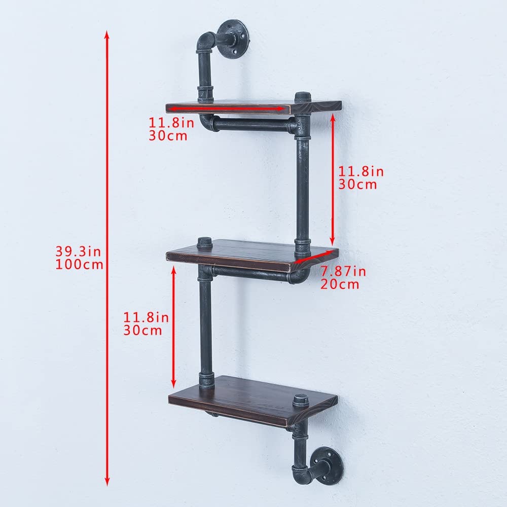 OLDRAINBOW Industrial Pipe Shelving Wall Mounted,11.8in Metal Floating Shelves,Real Wood Book Shelves,Wall Shelf Bookshelf Shelves Bar Shelving(3 Tier)