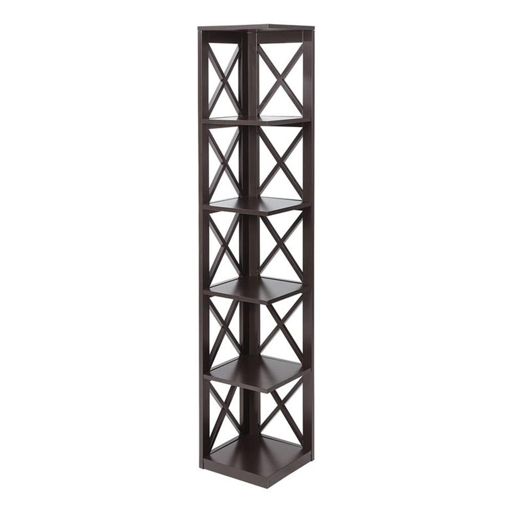 Convenience Concepts Oxford Corner Bookcase 12" - 5-Tier Slim Farmhouse Bookcase for Modern Living & Family Room, Media Storage Organizer for Home Office Library, Tall Shelving Unit, Espresso
