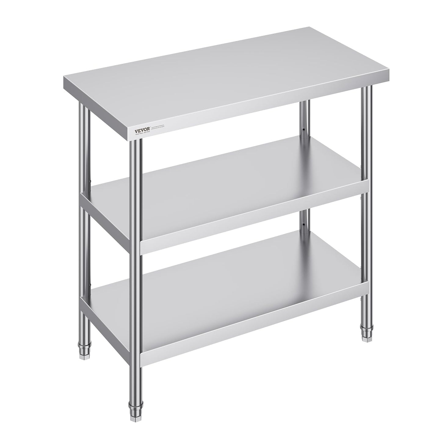 VEVOR Stainless Steel Food Prep Table, 18 x 36 x 34 Inch Commercial Kitchen Worktable, with 2 Adjustable Undershelf, Heavy Duty Prep Metal Work Table for BBQ, Kitchen, Home, and Garage