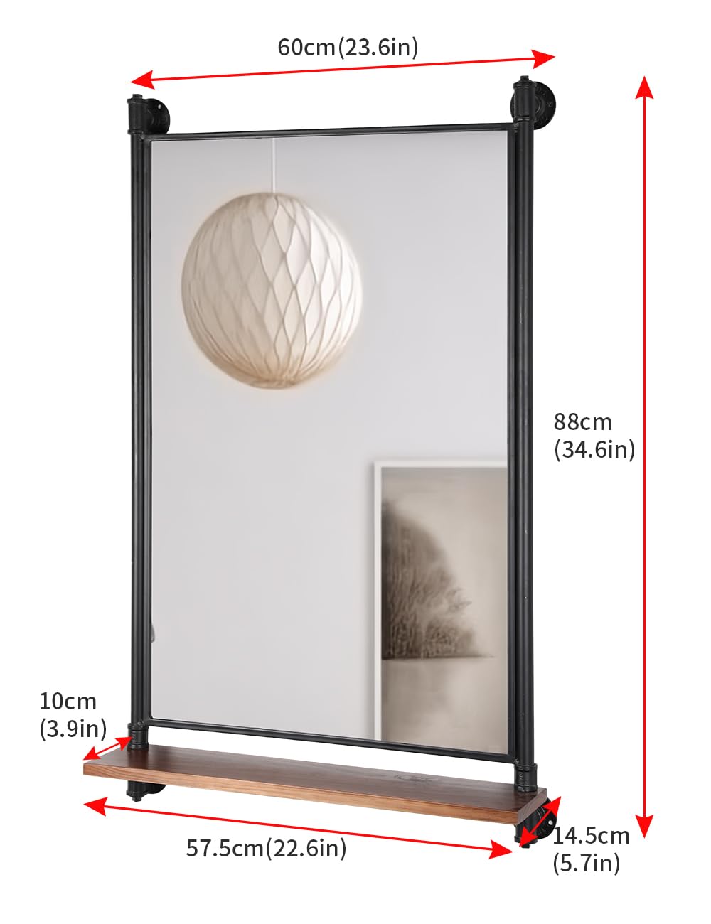 OLDRAINBOW Industrial Pipe Mirror Wood Shelves,Bedroom Mirror with Shelf,Rectangle Iron Wall Mirrors for Living Room Bedroom(34.6 x 23.6 in)