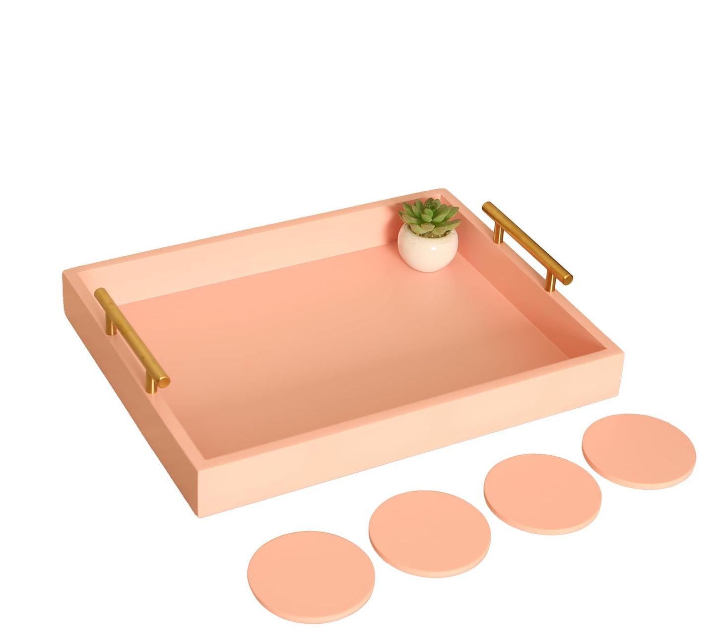 Juleduo Serving Tray 16.5“X 13“ Deluxe Wooden Ottoman Tray, Food Tray for Eating, Dinner Trays for Eating on Couch Coffee Table with Polished Gold Metal Handles-4 Round Coasters Included（Pink）
