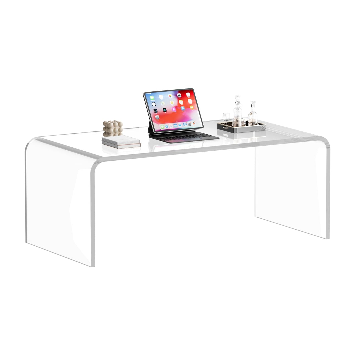 TPZLRN Premium Acrylic Coffee Table, 35.5" D x 17.8" W x 13.8" H Modern Clear Coffee Table, 0.6'' Thick Rectangle Waterfall Table for Living Room, Office, Hotel, Showroom, Transparent