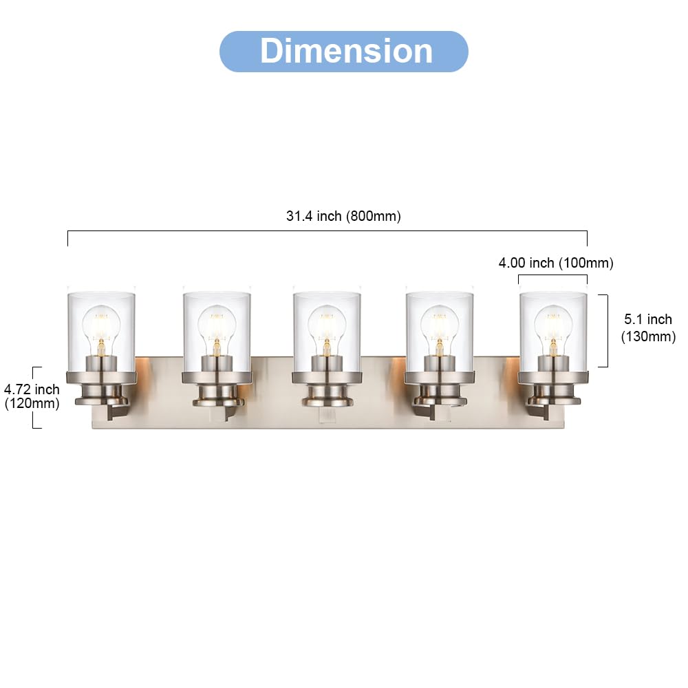 BONLICHT Transitional 5 Light Brushed Nickel Metal Base Wall Mount Lights with Clear Glass Shade Interior Modern Bathroom Vanity Lighting Fixture for Kitchen Corridor Dressing Table Powder Room