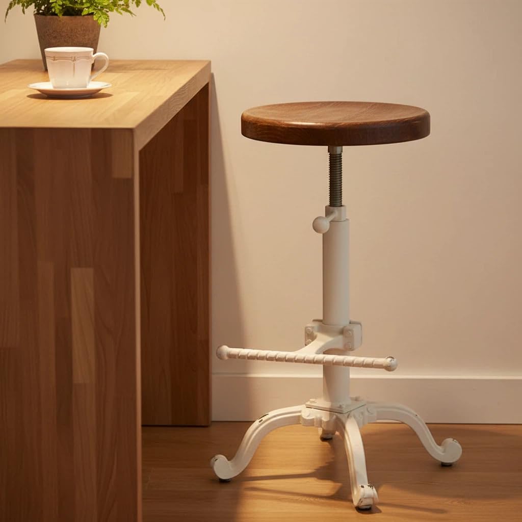 Topower Industrial Retro Vintage Farm Wooden Tractor Stool Kitchen Swivel Height Adjustable bar Stool (Antique White)