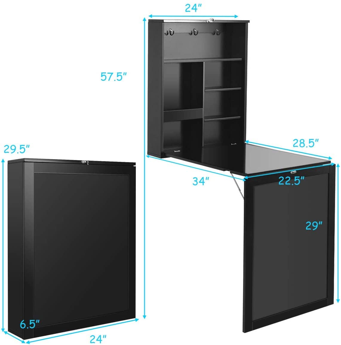 GRAFFY Modern Black Wall-Mounted Folding Desk, 24" x 34" x 57.5" (L x W x H), Multi-Function Table with Storage Shelves & Hooks, Computer Desk Laptop Workstation Home Office
