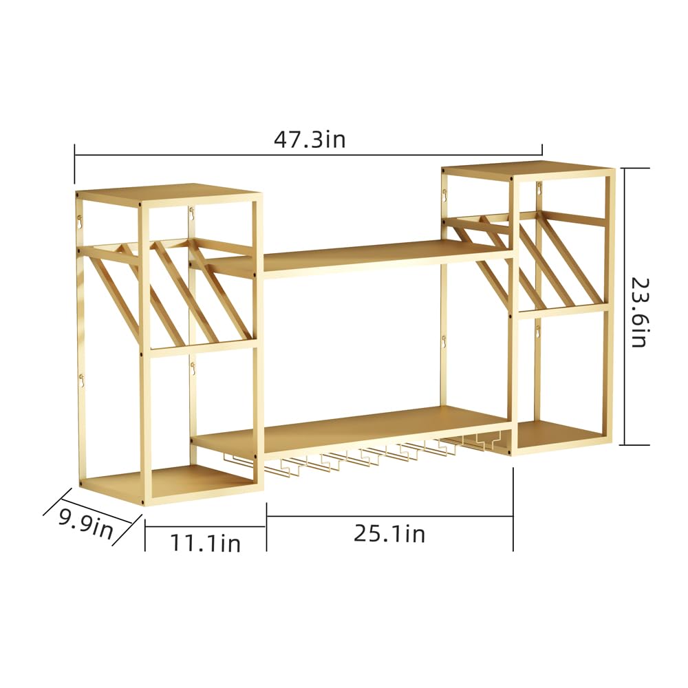 KaKaBB Metal Floating Bar Liquor Shelves 2 Tier, Wall Mounted Wine Rack with Glass Holder Storage, Wall Bar Shelf Wine Display Storage Holder for Kitchen Dining Room(Gold)