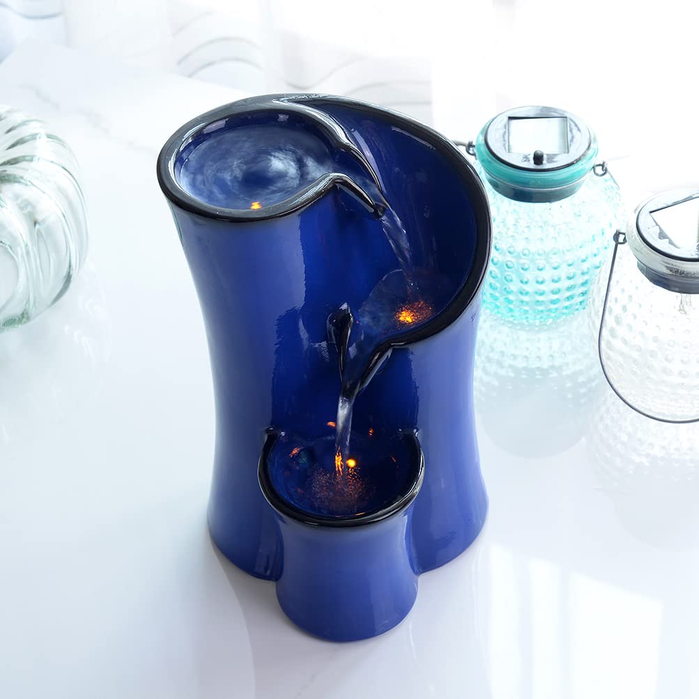 Indoor Water Fountain Imitation Ceramics Appearance Tabletop Relaxation Desktop Waterfall w/ 3 Reflective led, 9.8 Inch Tall (Blue)