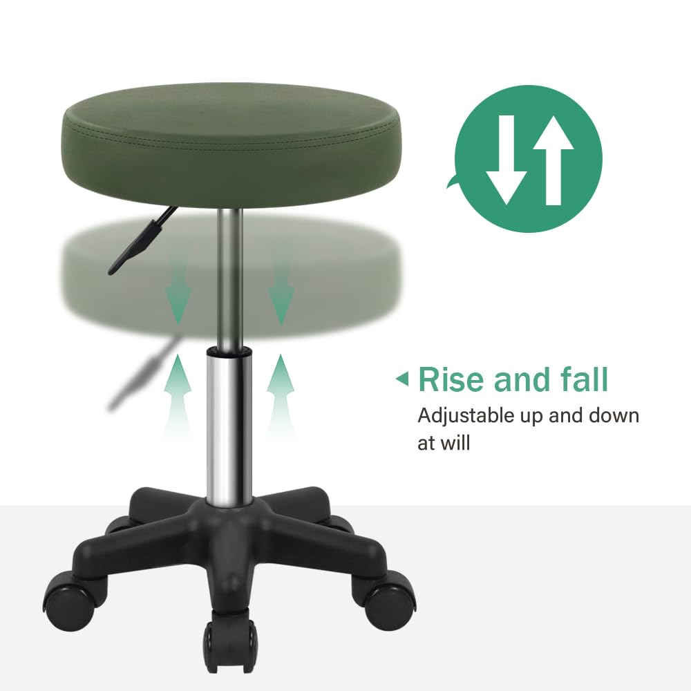 FURWOO Round Rolling Stool Height Adjustable Stool with Wheels for Spa Salon Massage Green