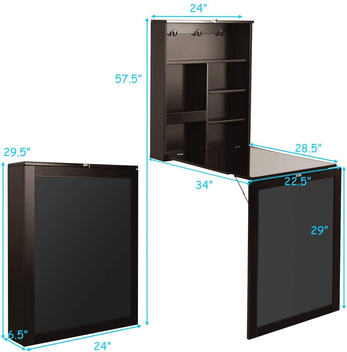 GRAFFY Wall Mounted Folding Desk, Floating Desk with Chalkboard, Multi-Function Wall Mounted Table with Storage Shelves & Hooks, Computer Desk Laptop Workstation Home Office (Brown)