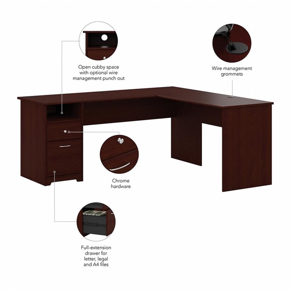 Bush Home Cabot 72W L Shaped Computer Desk with Drawers in Harvest Cherry