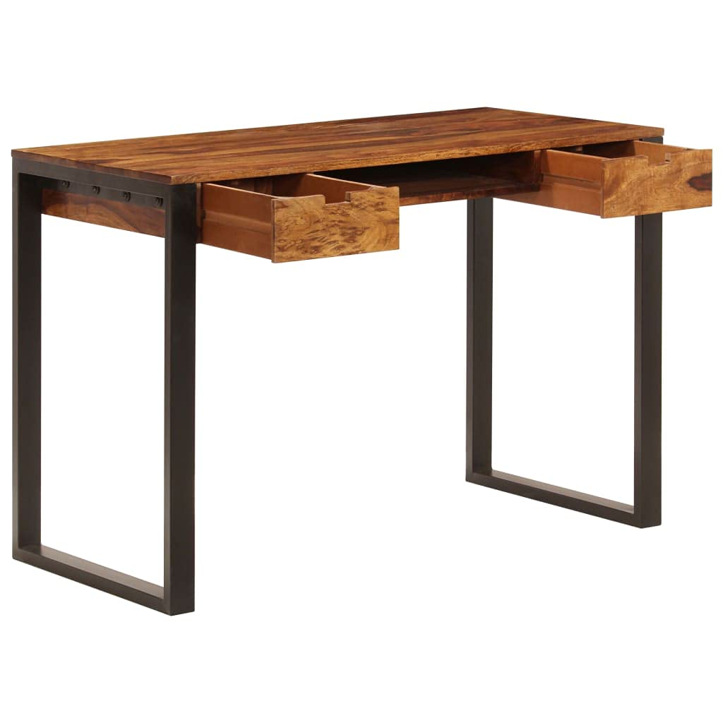 UYTENBMF Solid Acacia Wood Desk with 2 Drawers and Keyboard Shelf, 43.3x21.7x30.7 Inches Vintage Computer Table with Steel Legs for Home Office