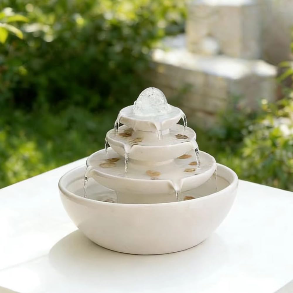 Ceramic Tabletop Fountain with Ball for Indoor Table Desk Office Patio (White A200)