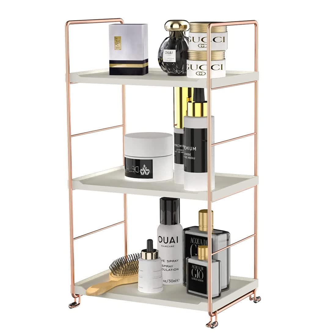kaileyouxiangongsi Plastic/Metal Freestanding Stackable Organizer Shelf,Bathroom Countertop Storage Shelf Cosmetic Organizer Holder Kitchen Spice Rack,3-Tier Standing Rack (Rose Gold)