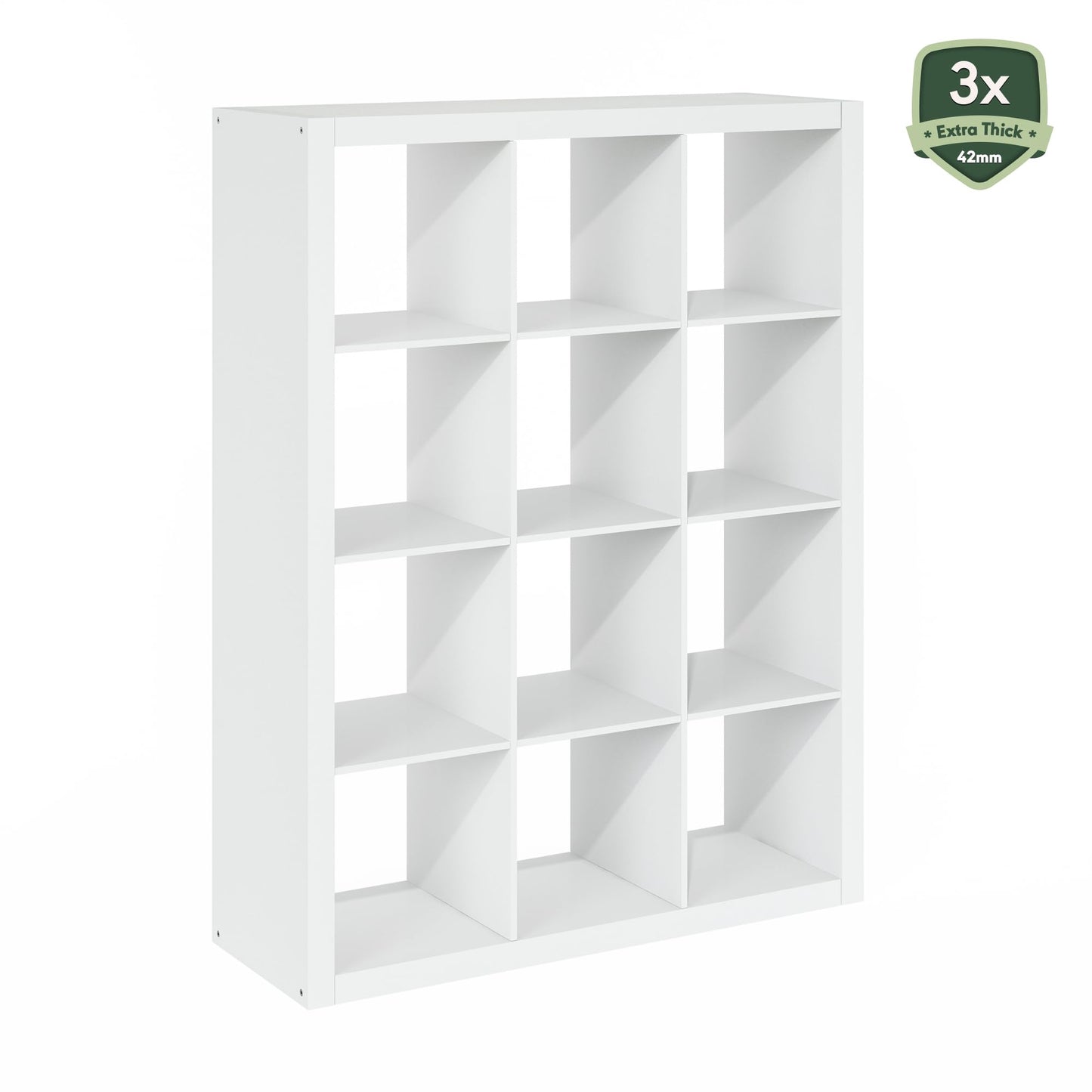 Furinno Cubicle Book Shelf, 12-Cube Bookshelf, Triple Thick Frame Cube Storage Organizer, 1.65" Thick Bookcase, 15.4" x 57.4" x 43.4", for Home Office, Living Room, Plain White