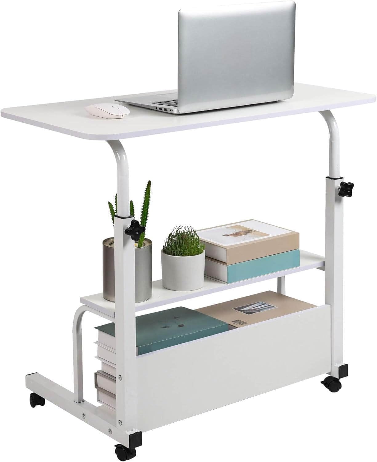 Dekhaoxe Adjustable Height Mobile Computer Desk for Small Space Rolling Writing with Wheels Corner Home Office Study Portable Bedrooms Work Desk Standing Table Sizes 31.5X15.7 Inches White