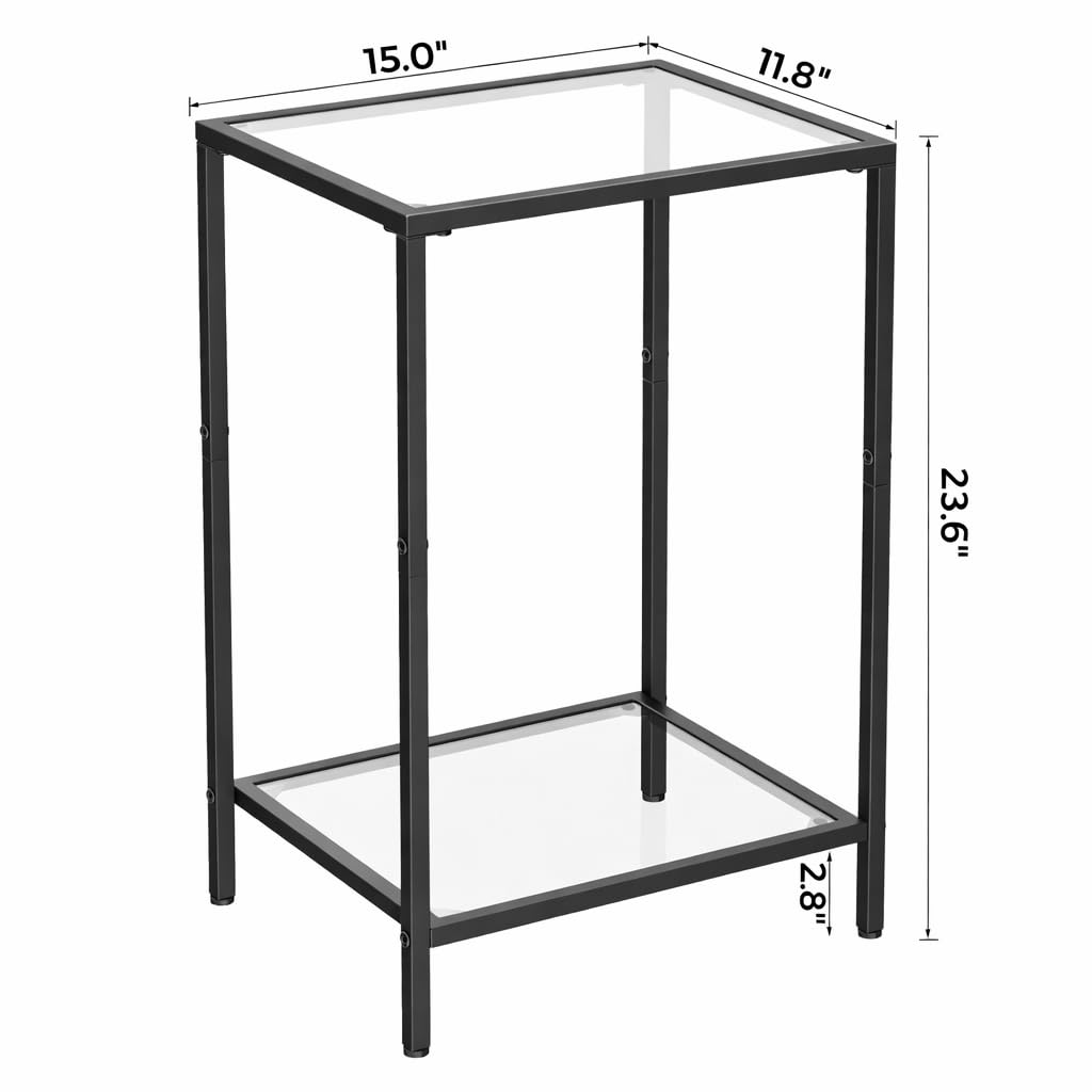 HOMSHO Side Tables Set of 2, End Tables with Tempered Glass, 2-Tier Nightstands with Storage Shelves, Coffee Table with Modern Style, Slim Sofa Table for Living Room, Bedroom, 11.8" D x 15" W, Black