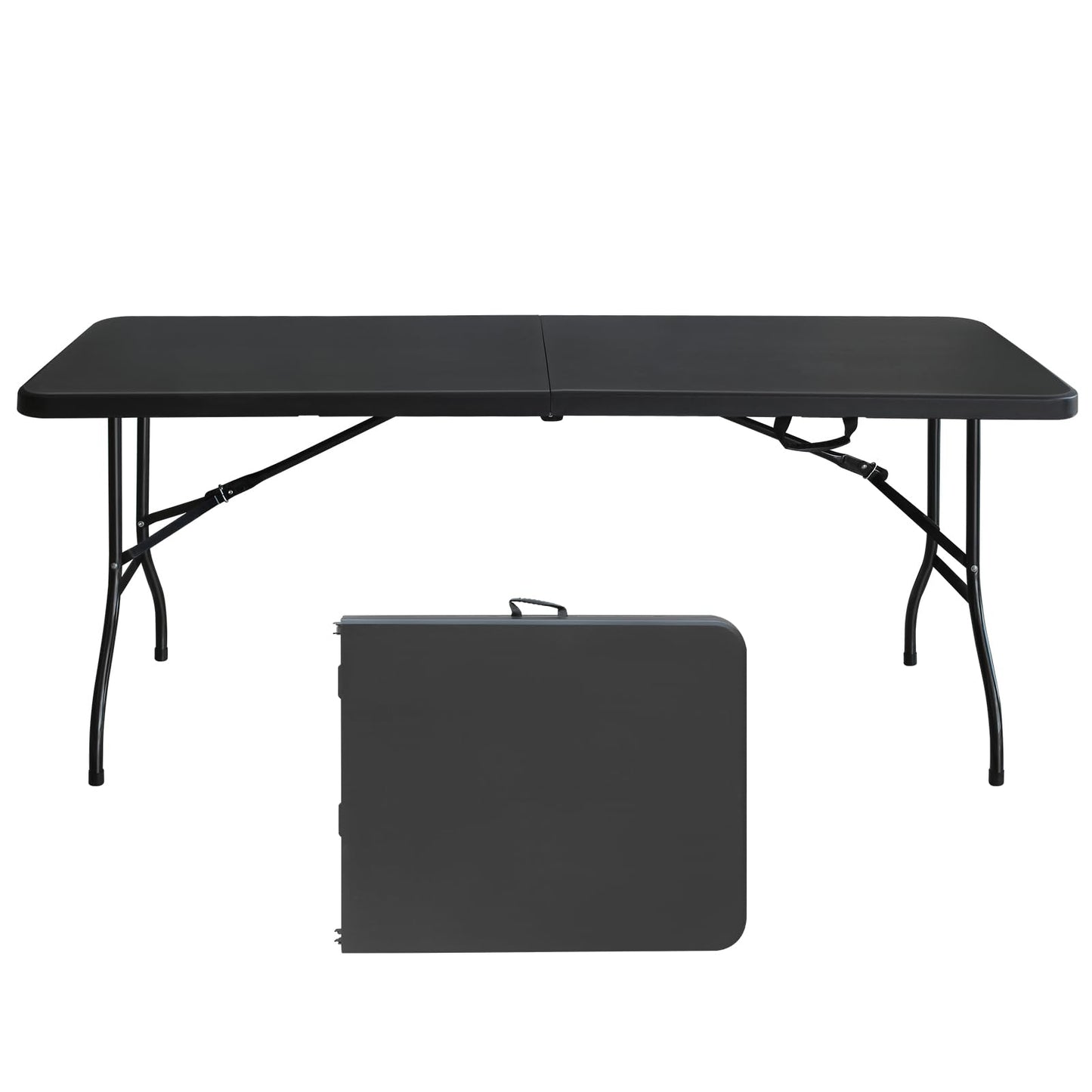 SculPong 6 FT Folding Table with Carry Handle, Portable Fold-in-Half Plastic Table, Rectangle Foldable Table for Indoor/Outdoor Black