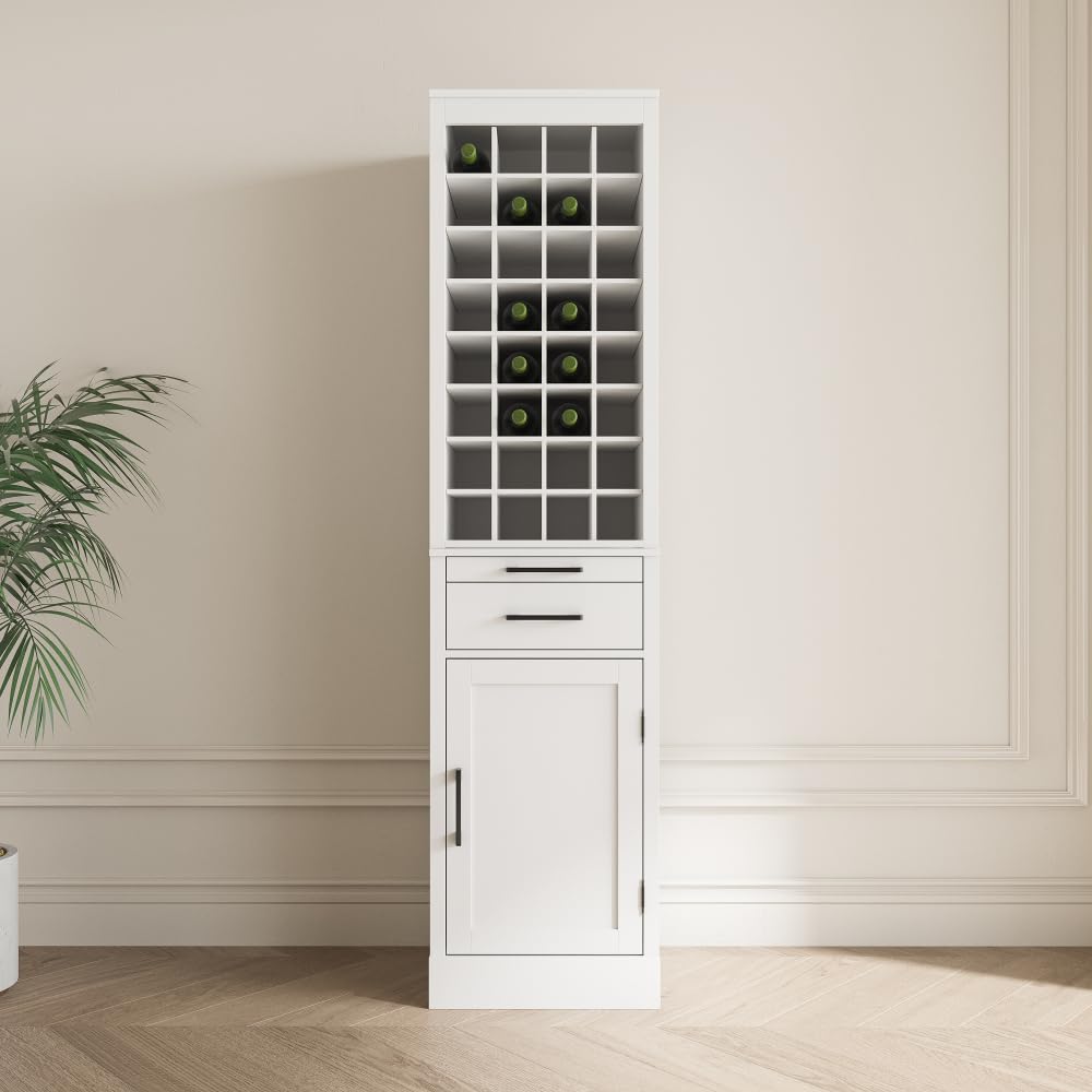 Brown Walnut Color Modular Wine bar Cabinet with Storage Shelves with Hutch for Dining Room (White + MDF)
