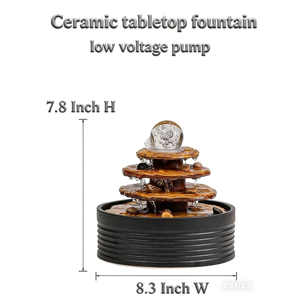 Outdoor and Indoor Tabletop Fountain Desktop Water Feature Ceramic Office (Black A195)