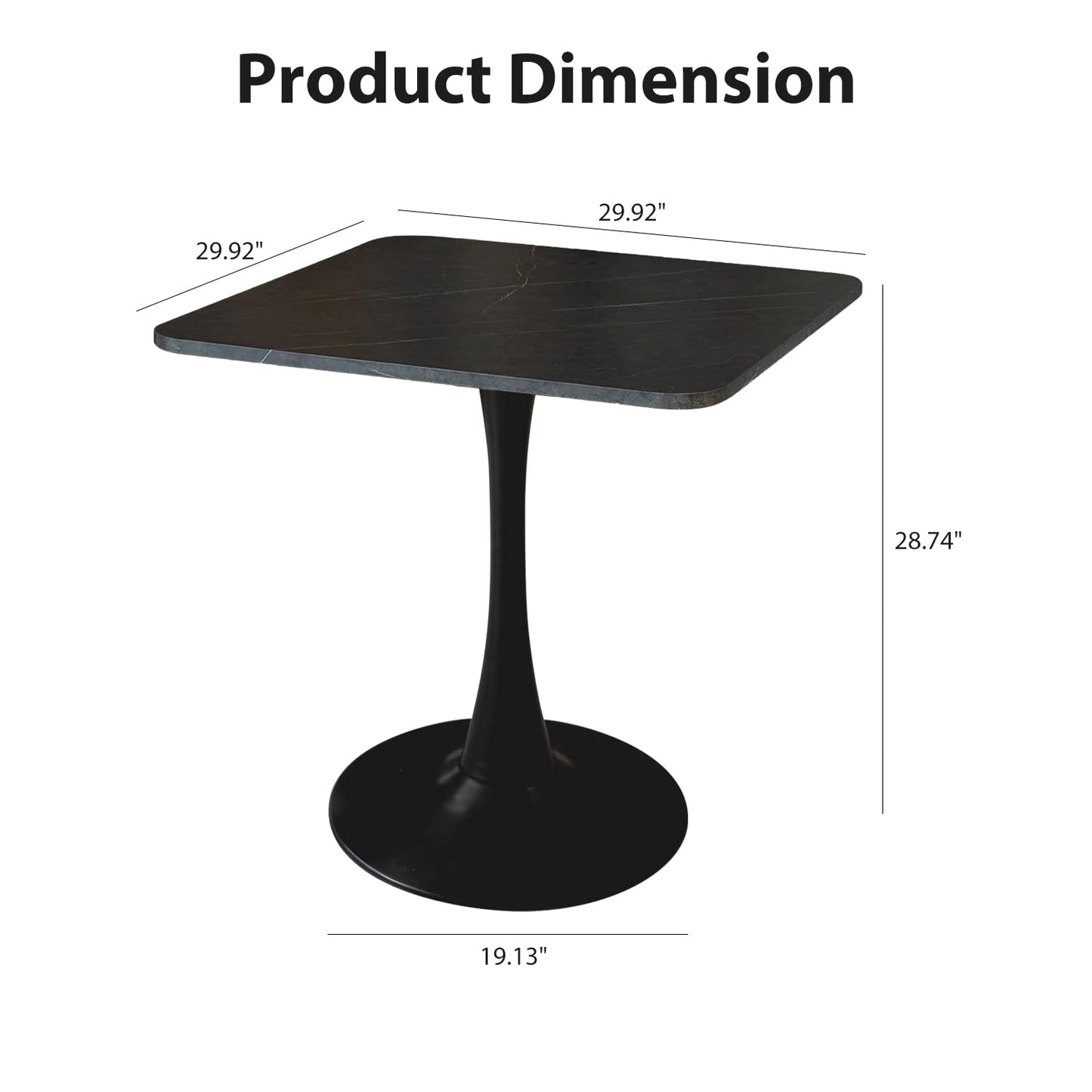 Square Modern Dinning Table 30 inches for 2-4 Bistro Tulip Table with Faux Marble top,Easy Assemble,no Wobble,Stable Sturdy Metal Frame Diameter 30in*H28.74in (Black, 30in)