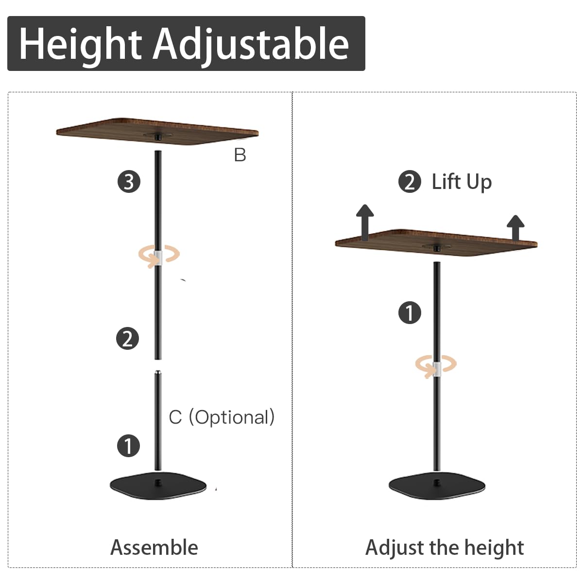 Small Laptop Standing Desk, Adjustable Height Pedestal End Table with Wooden Top, Portable Tall Side Table Workstation, Sit-Stand Desks for Bedside,Sofa,Couch, Living Room, Bedroom, Home Office, Brown