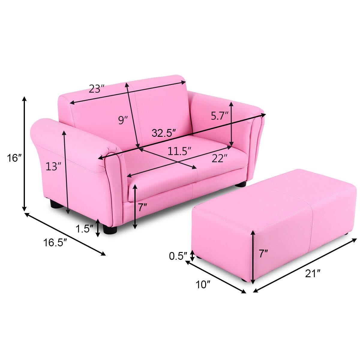 Costzon Kids Couch with Footstool, 2 in 1 Double Seat Children's Sofa w/PU Leather Surface, Armrest Chair Lounge, Soft Kids Sofa for Preschool Bedroom Kids Room Toddlers Boys Girls Birthday (Pink)