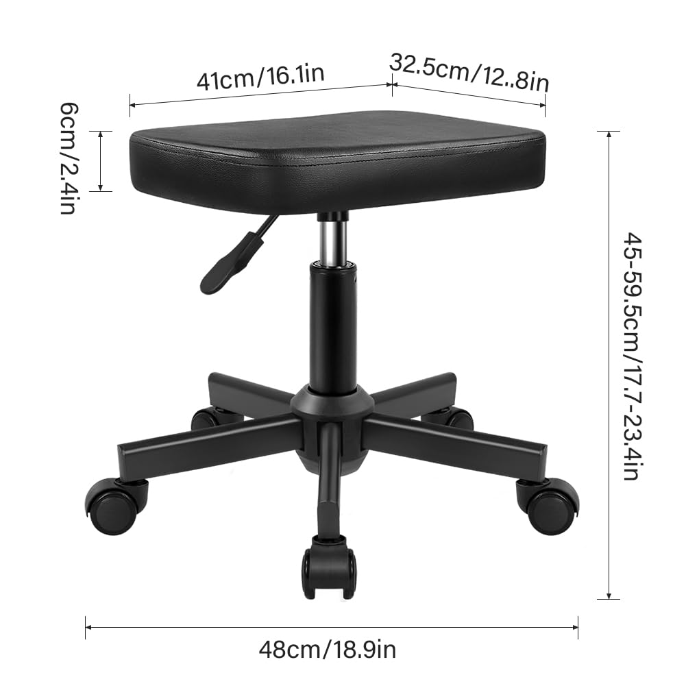 WKWKER Rolling Stool Height Adjustable 360° Swivel Stool with Wheels Square Seat PU Leather Rolling Stool for Bedroom Counter Shop Salon Massage Home Office Desk (Black)