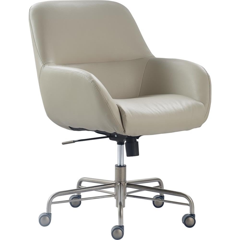 Tommy Hilfiger Forester Luxury Bonded Leather Home Office Chair, Modern Round Swivel Accent Seating with Arms, Adjustable Height and Recline, Cream