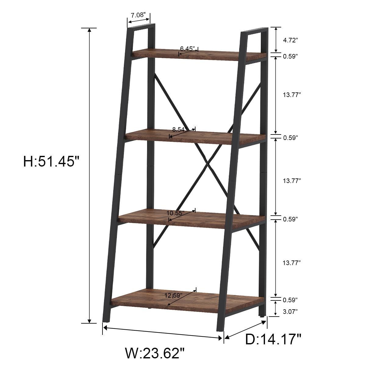 BON AUGURE Industrial Ladder Shelf Bookcase, 4 Tier Rustic Ladder Bookshelf, Standing Leaning Book Shelves for Living Room (Rustic Oak)