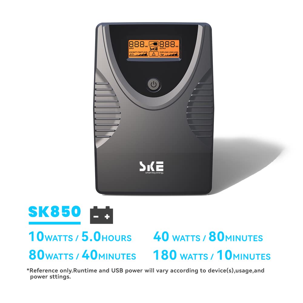 SKE SK425 850VA/480W UPS Battery Backup & Surge Protector - Uninterruptible Power Supply with LCD Display, AVR Voltage Regulation, 6 Outlets, Backup Power for PC, Router, NAS & Home Office