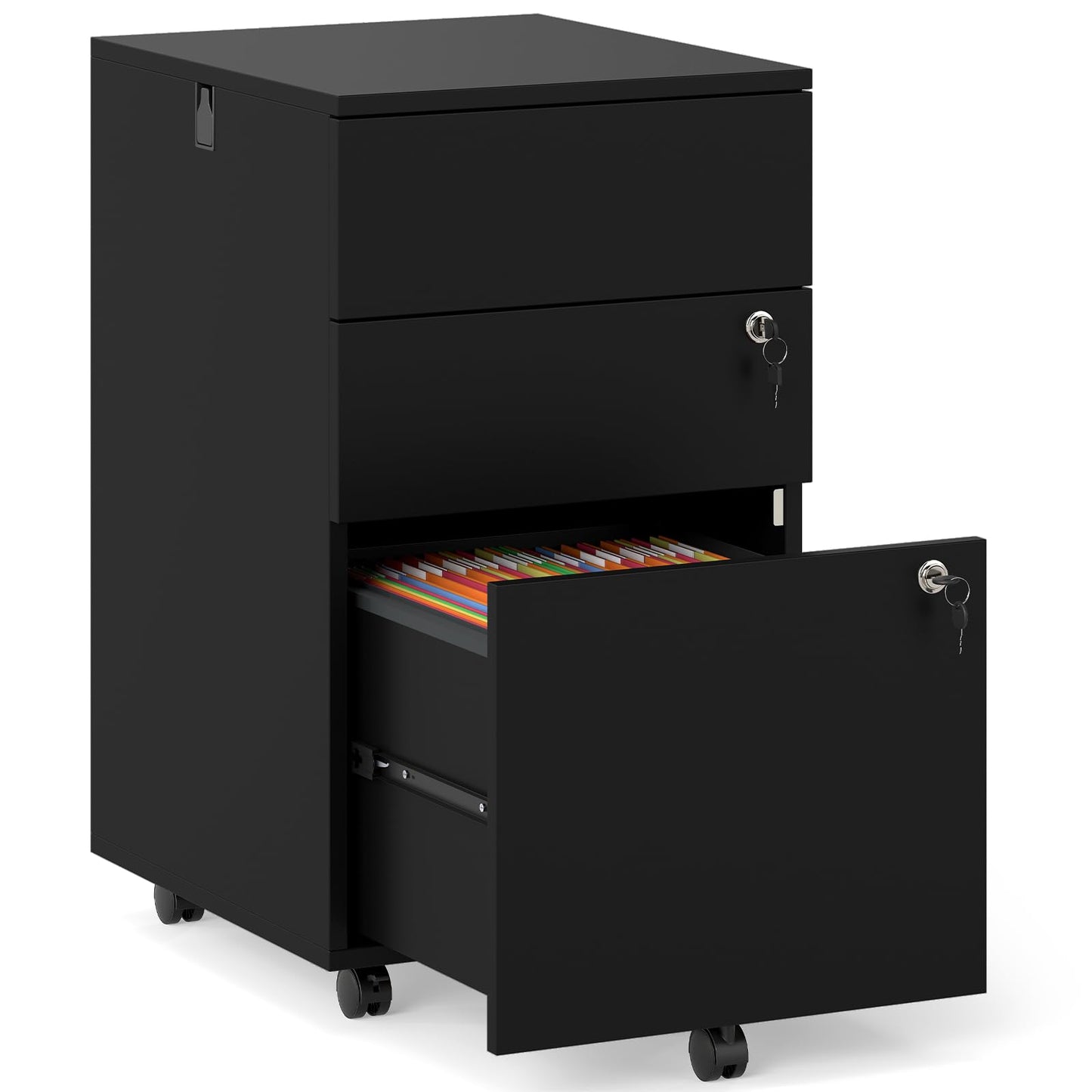 Giantex 3-Drawer File Cabinet with Lock, 27-Inches Storage Cabinet with 2 Side Hooks, Mobile Printer Stand, Wheels, 4 Keys, Vertical Filing Organizer fits Letter/A4 Size for Home Office (Black)
